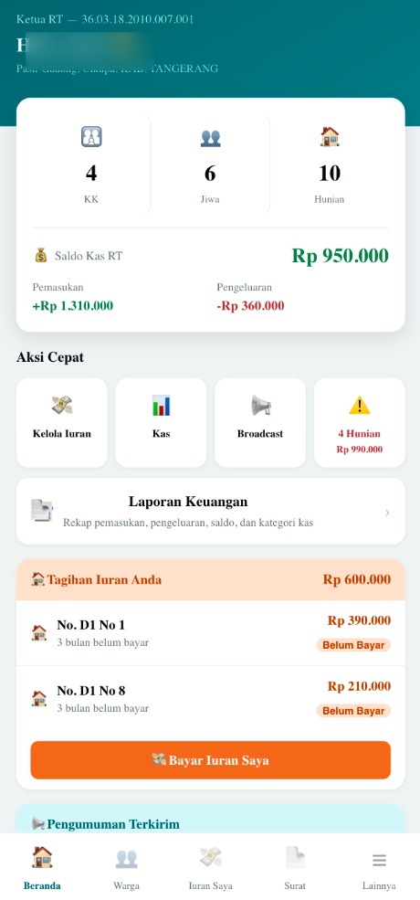 Tampilan dashboard Ketua RT